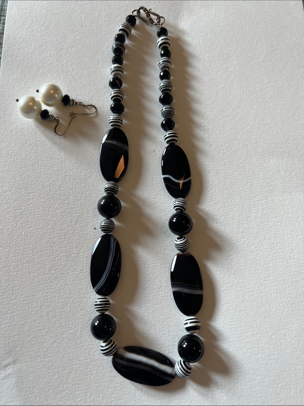 Classic Black & White Striped agate stone glass bead Necklace Matching Earrings